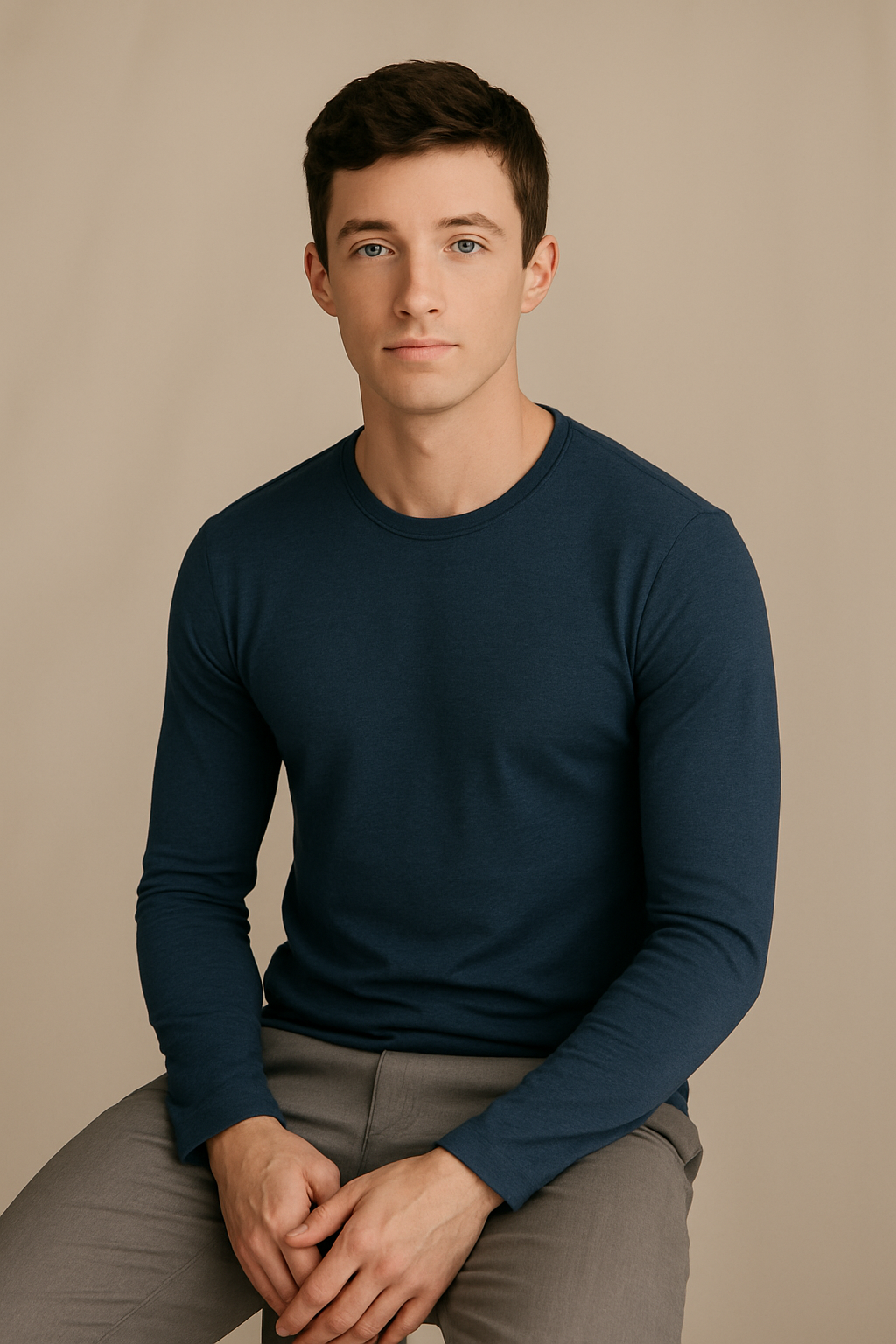 Pull fin col rond bleu encre assis