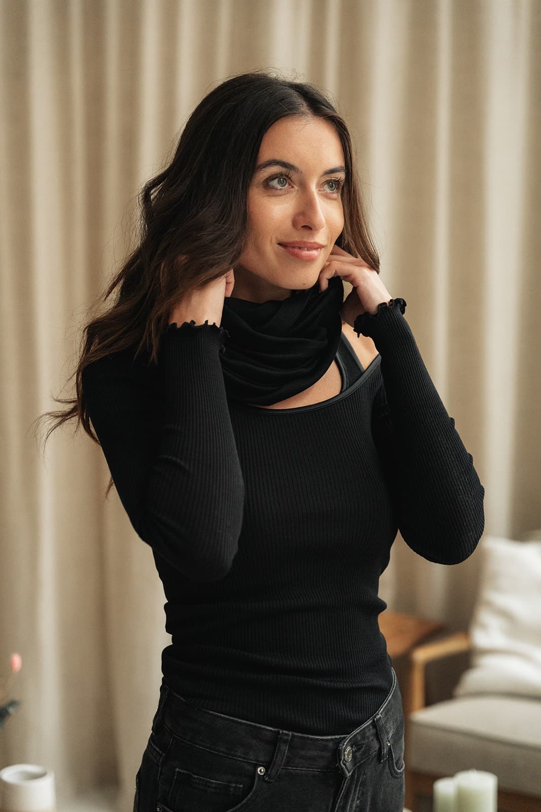 Laine Mérinos Sous Vetement Chaud Soie Femme Sous-pull Noir Owen